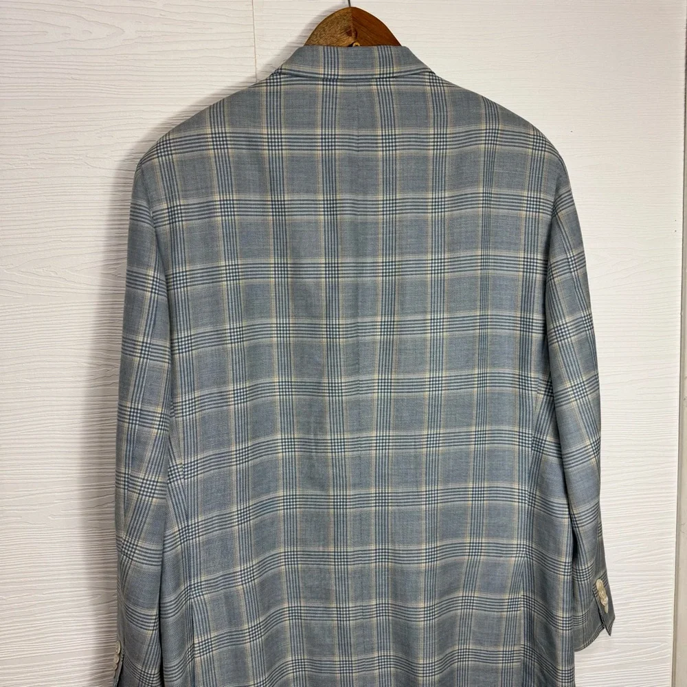 George Bass Ermenegildo Zegna Silk & Linen Blue Gray Plaid Blazer 45R‎